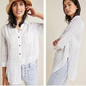 Anthropologie Pilcro Shadow Plaid Linen Blend Button Down Sz 2 Coastal Grandma